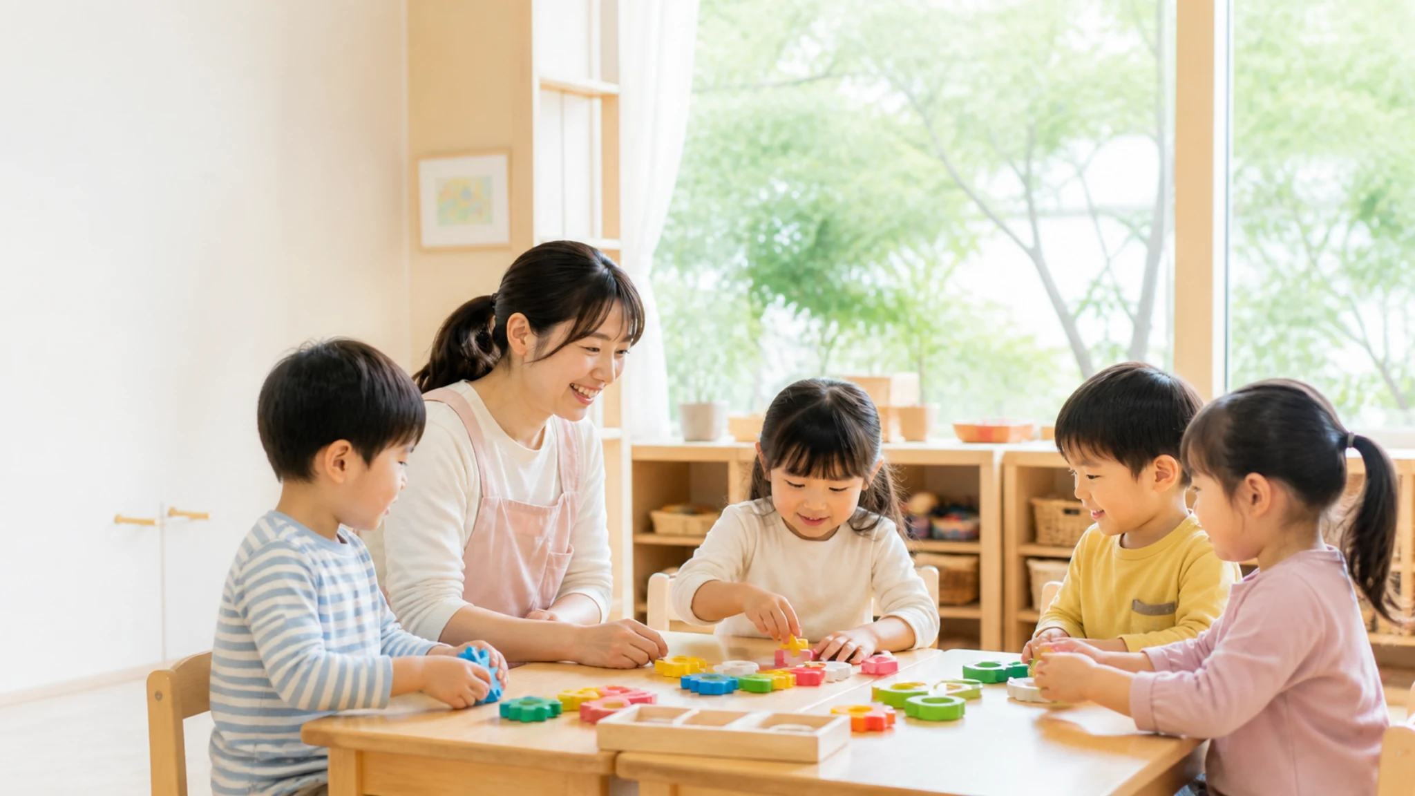 先生と教材で遊ぶ子どもたち